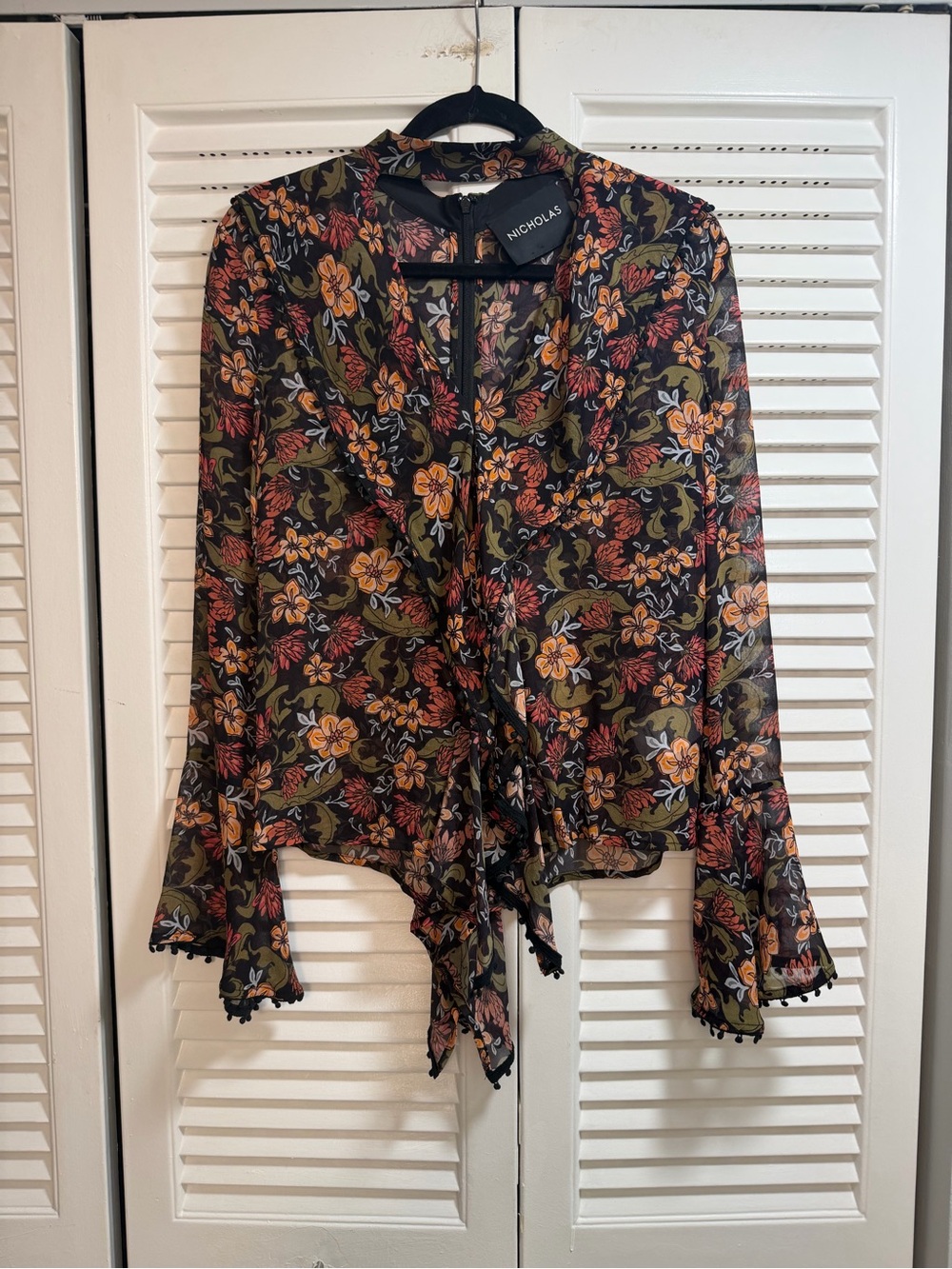 NICHOLAS Black Floral Silk Sheer Blouse with Pom-Pom Trim